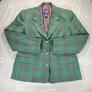 Vintage 90s GAP Green and Gray Plaid Checkered Tailored Blazer Woman Medium